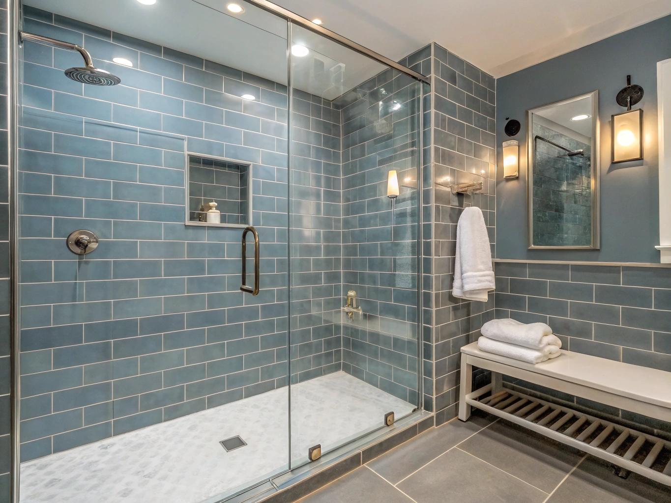 Finished bathroom shower tile with niche