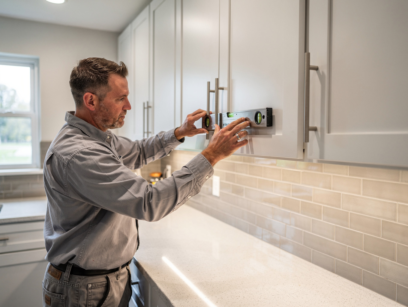 Solid kitchen cabinet installation and trim carpentry